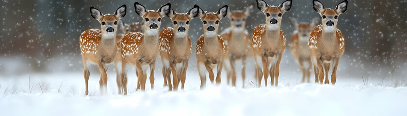 Obraz premium Seven white-tailed deer fawns walking in snowy winter.
