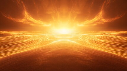 A high perspective of glowing alien dunes forming symmetrical waves across a vast desert landscape.