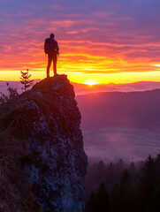 Fototapeta premium Silhouette of hiker on mountaintop at sunrise.