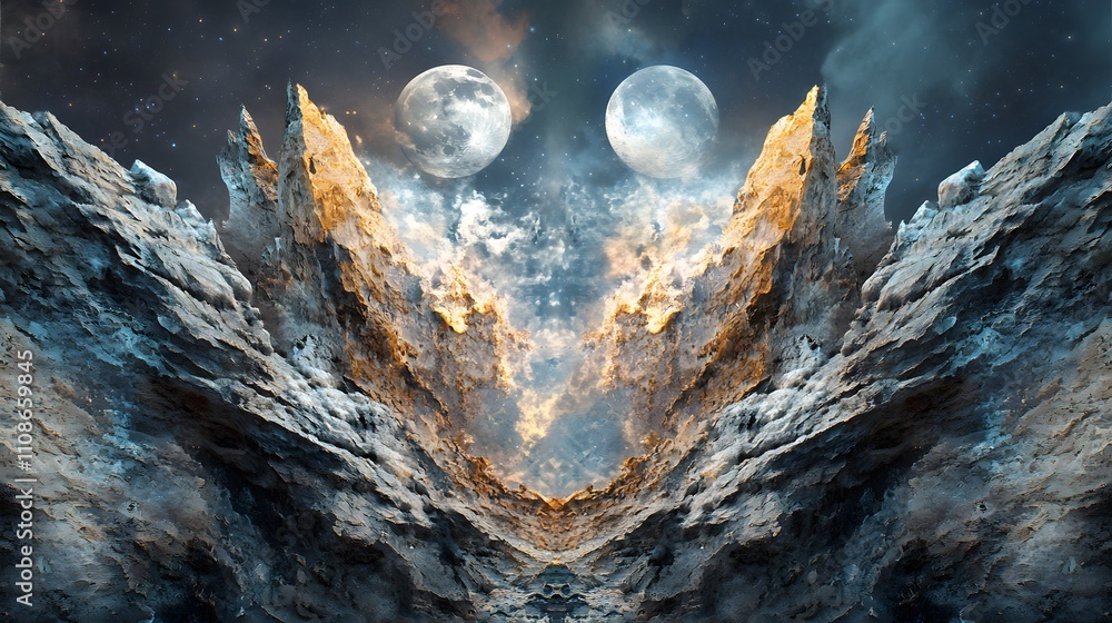 Poster A symmetrical view of alien rock formations glowing faintly under the soft light of twin moons.