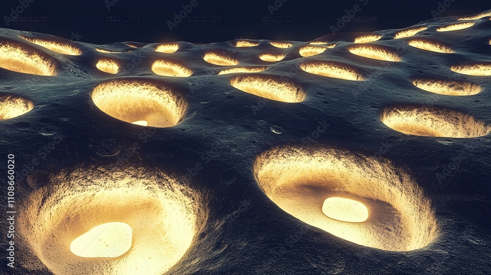 Poster A high-angle shot of glowing alien craters arranged in a perfect grid across a barren plain.
