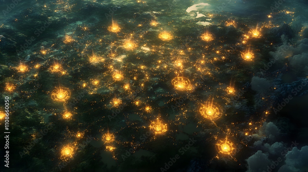 Poster Aerial view of glowing alien formations radiating light in symmetrical fractals across the terrain.