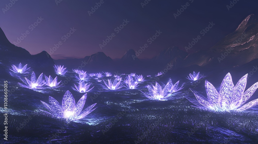Fototapete Aerial view of glowing alien formations radiating light in symmetrical fractals across the terrain.