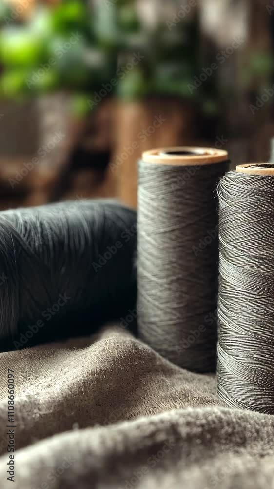 Poster thread spools in various shades on a textured fabric background in a crafting space