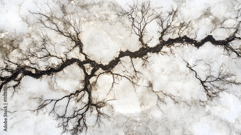 Poster a top-down shot of an alien glacier glowing with soft light, its symmetrical cracks creating intrica