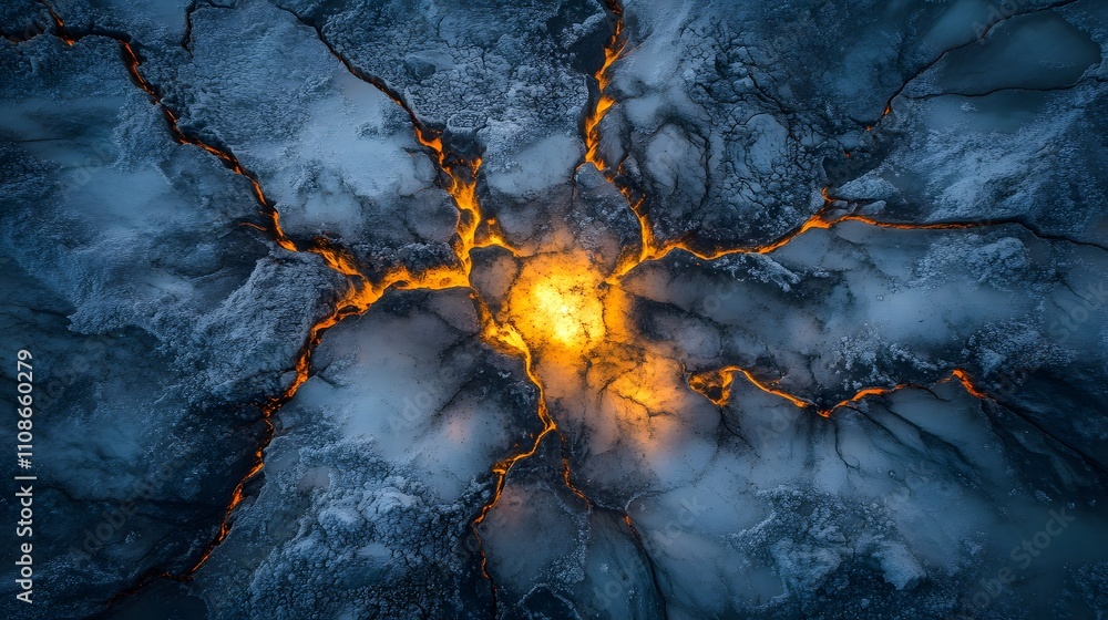Poster a top-down shot of an alien glacier glowing with soft light, its symmetrical cracks creating intrica