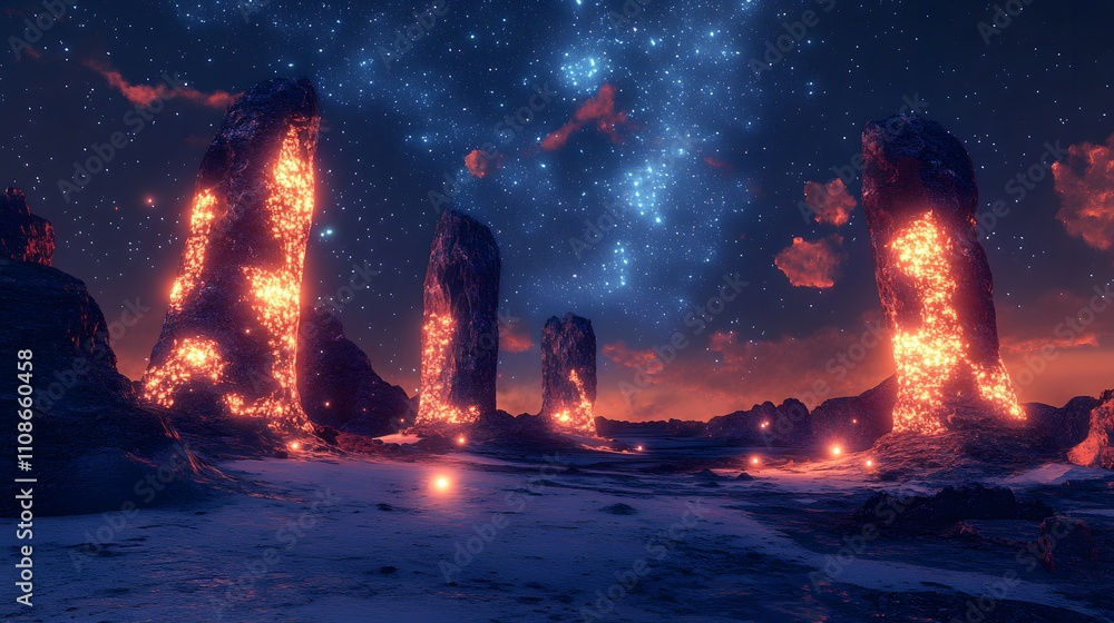 Poster a symmetrical landscape of glowing alien cliffs with patterns of light spreading symmetrically acros