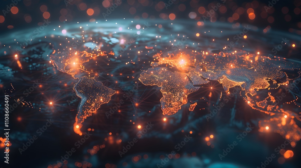 Poster illuminated global network showing interconnected world