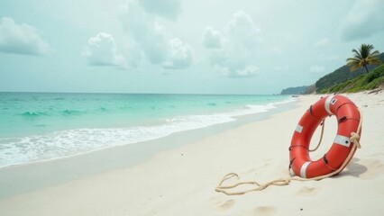 Obraz premium A bright red lifebuoy sits on the soft sand of a tranquil beach, overlooking turquoise waters and a scenic shoreline under soft clouds. Generative AI