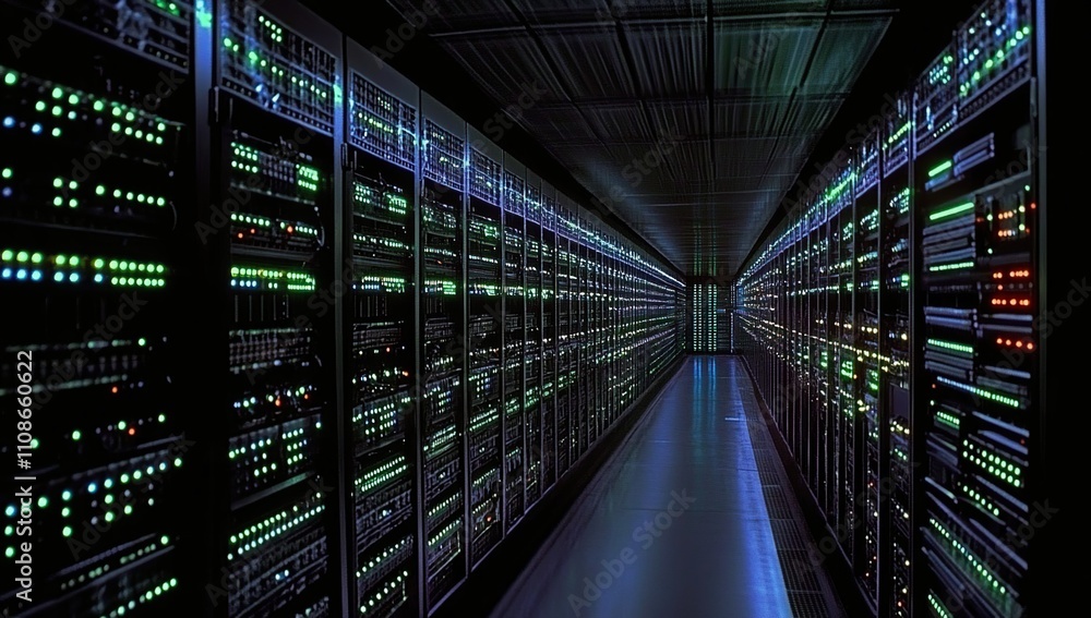 Poster exploring the core of digital infrastructure: a glimpse into a modern server room