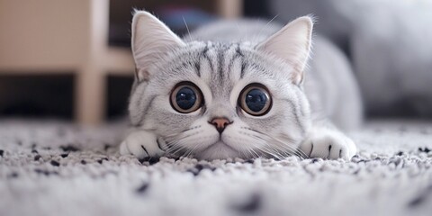 A Burmilla cat is lying on a carpet with big round eyes. So cute2