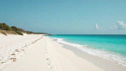 Fototapeta premium Gentle waves lap against the pristine shoreline, inviting visitors to enjoy the tranquility and beauty of this tropical paradise. Generative AI