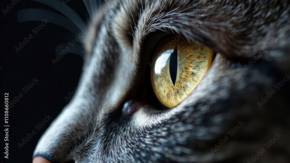 Poster a detailed view of a cat's yellow eye reveals unique patterns and textures, showcasing its sharp gaz