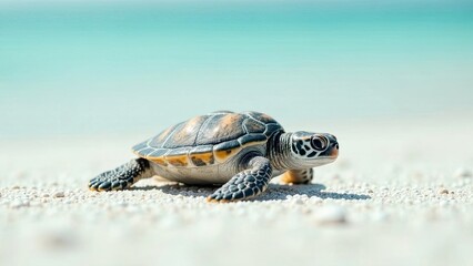 A sea turtle slowly moves across the soft sand towards the calm turquoise water under a clear blue sky. Generative AI