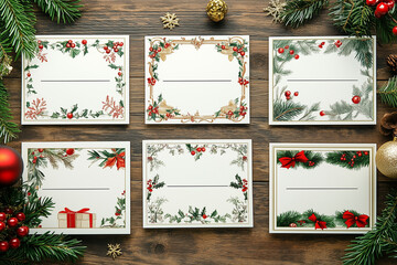 A grid of cute Christmas place cards for printing inspired by French themes. Each card should feature a festive Christmas aesthetic, incorporating French elements such as fleur-de-lis patterns