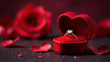 A beautiful engagement ring is showcased in a plush heart-shaped box, surrounded by rose petals on a dark surface, perfect for romance. Generative AI