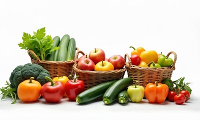 A healthy food market scene with baskets of fresh produce like apples, peppers, and zucchini, displayed in a rustic style. The clean white background keeps the focus on the vibrant foods.
