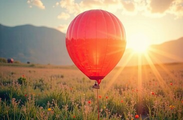 Fototapeta premium A bright red hot air balloon floats gently above a colorful flower field at sunset, creating a tranquil scene in nature. Generative AI