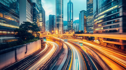 Obraz premium Night cityscape with highway traffic light trails and skyscrapers.