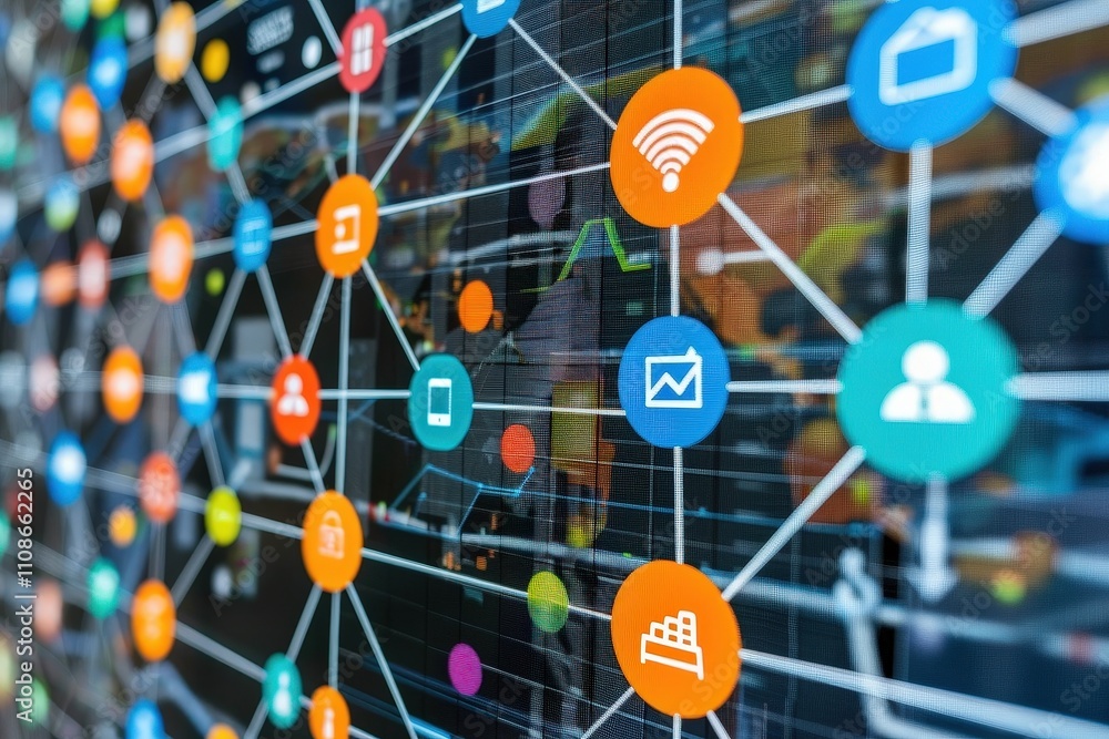 Poster a colorful image of a network of circles with various icons, including a person