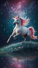 Obraz premium Enchanting Pink Unicorn with Flowers and Stars in Mystical Space Illustration