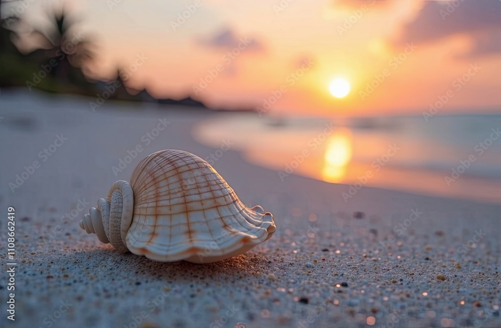 Poster a beautiful seashell lies on soft sand while the sun sets on the horizon, creating a serene coastal 