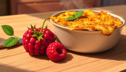 A_cartoonish_clipart_style_of_A_vibrant_raspberry,_its_deep_magenta_skin_glistening_with_a_delicate_sheen,_rests_beside_a_steaming_dish_of Generative AI