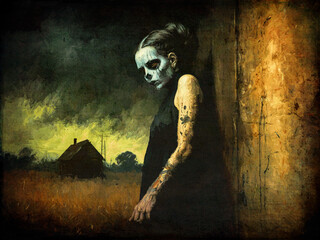 Frau mit Totenkopf-Make-up vor einem alten Haus in einer d&uuml;steren Umgebung