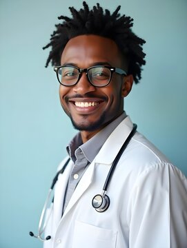 Happy African American doctor in glasses with stethoscope looking at camera in studio