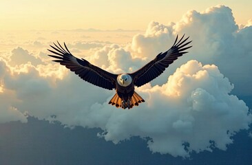 Obraz premium A powerful eagle glides gracefully above fluffy clouds during sunset, showcasing its impressive wingspan and keen eye for adventure. Generative AI