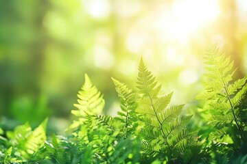Vibrant Green Ferns Basking in Sunlight A Serene Forest Scene