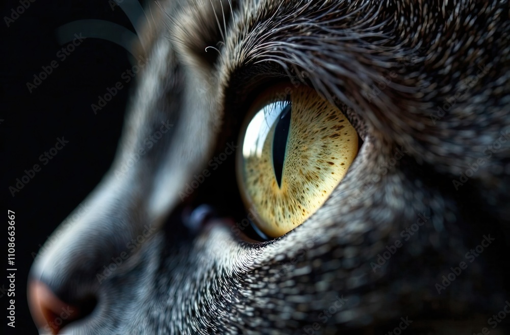 Poster a curious cat gazes intently, showcasing its striking yellow eye with mesmerizing patterns and refle