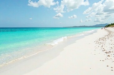 Fototapeta premium Calm turquoise waters gently lap against a pristine sandy shore, dotted with small stones, as fluffy clouds drift across a bright sky. Generative AI