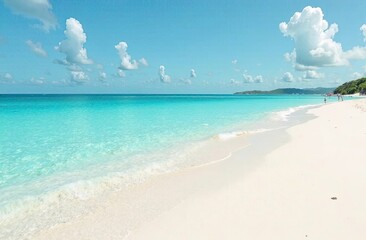 Fototapeta premium Visitors stroll along a pristine beach, enjoying the warm sun, gentle waves, and stunning turquoise waters on a clear day. Generative AI