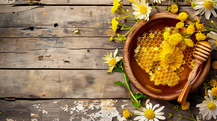 A bowl of honey, honeycombs, and flowers arranged on a wooden background with copy space.