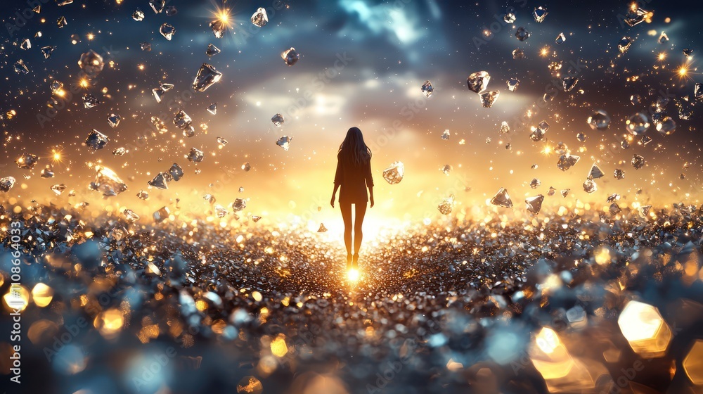 Poster a silhouette stands against a vibrant background of light and scattered particles, creating a mystic