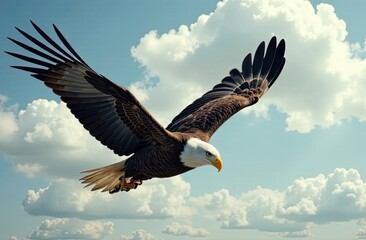 Obraz premium A bald eagle glides through a clear blue sky with fluffy clouds, showcasing its impressive wingspan and powerful presence. Generative AI