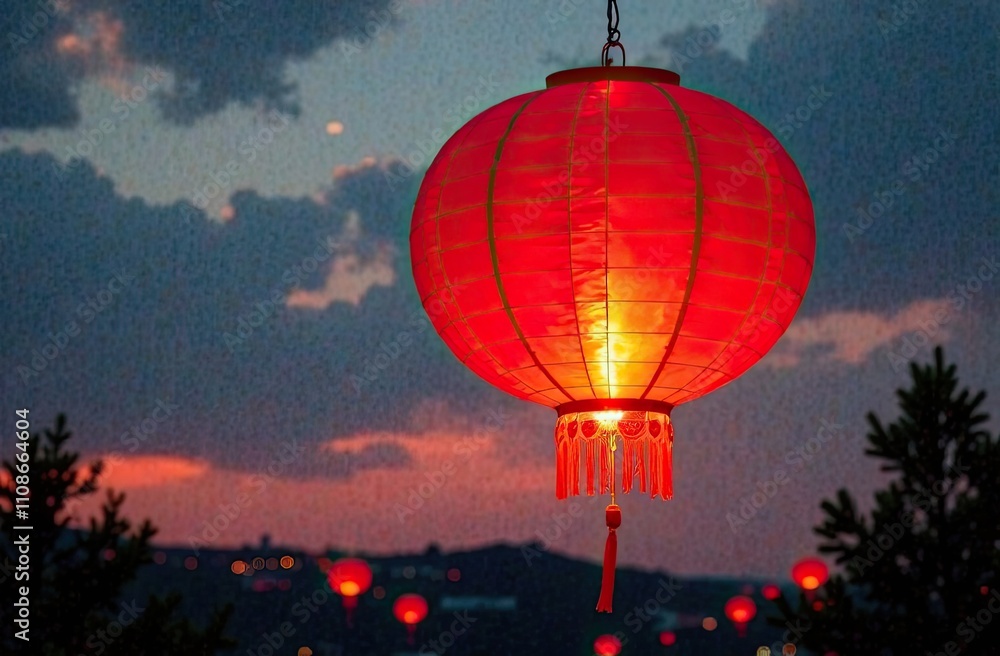 Poster glowing red lanterns illuminate the twilight, surrounded by dark silhouettes of trees and colorful c