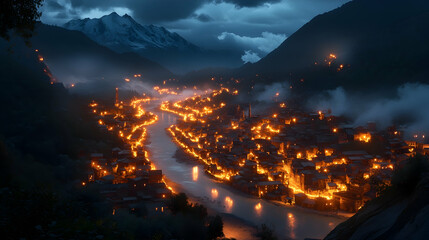 Night view of a town nestled in a valley, illuminated by warm lights, with a river flowing through it and snow-capped mountains in the background.