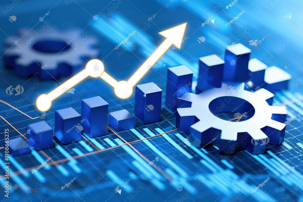 Poster a blue and white graph with a line going up and a gear with a line going up