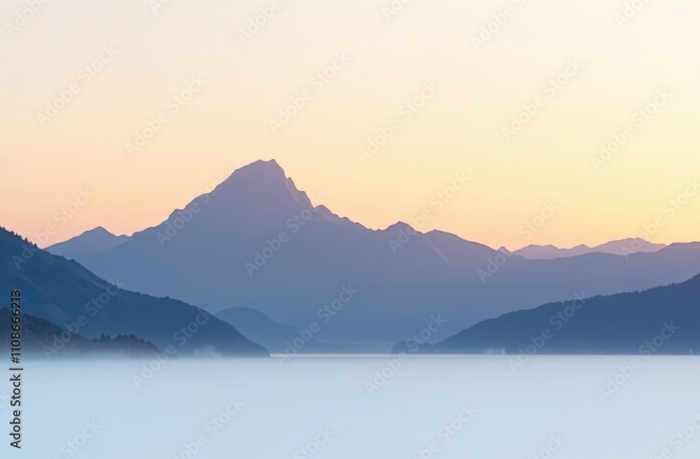 Poster Dawn breaks with soft hues illuminating the mountains, while fog blankets the tranquil lake, creating a peaceful atmosphere. Generative AI