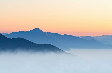 Fototapeta premium Early morning mist blankets the mountains as pastel colors of dawn rise above the horizon, creating a serene atmosphere by the water. Generative AI