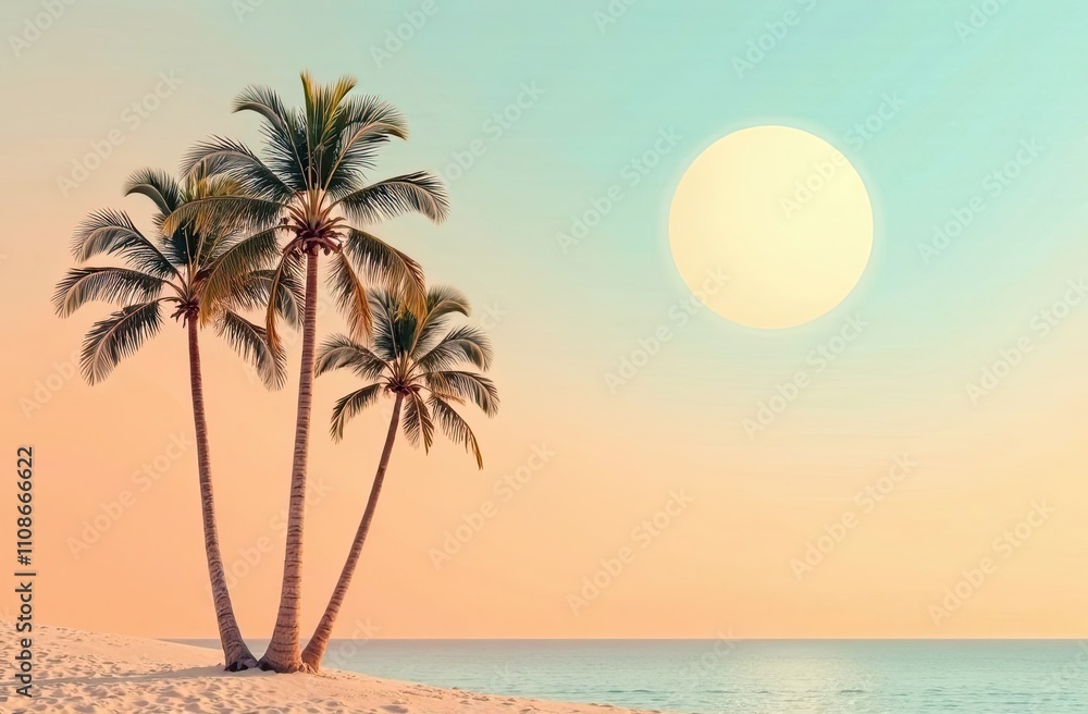 Poster soft hues of orange and blue embrace the calm beach where tall palm trees sway under the setting sun