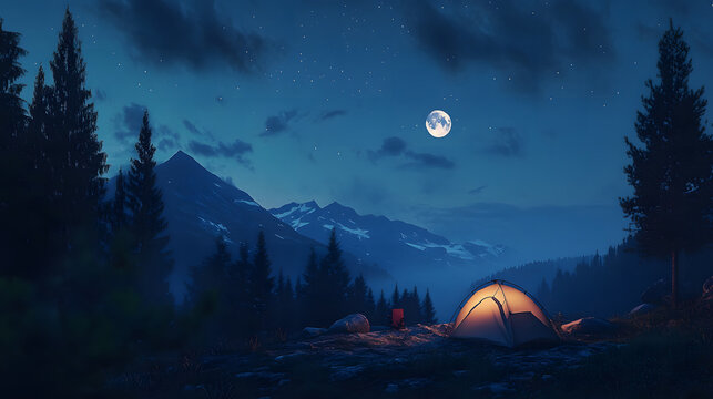 Camping in the forest. Vector illustration in flat design style. Mountain camping background concept