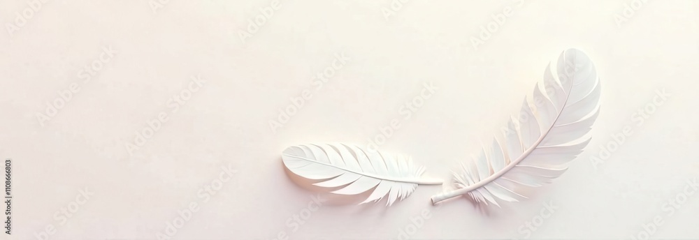 Poster two elegant white feathers lay on a light-colored surface, emphasizing their fine textures and grace