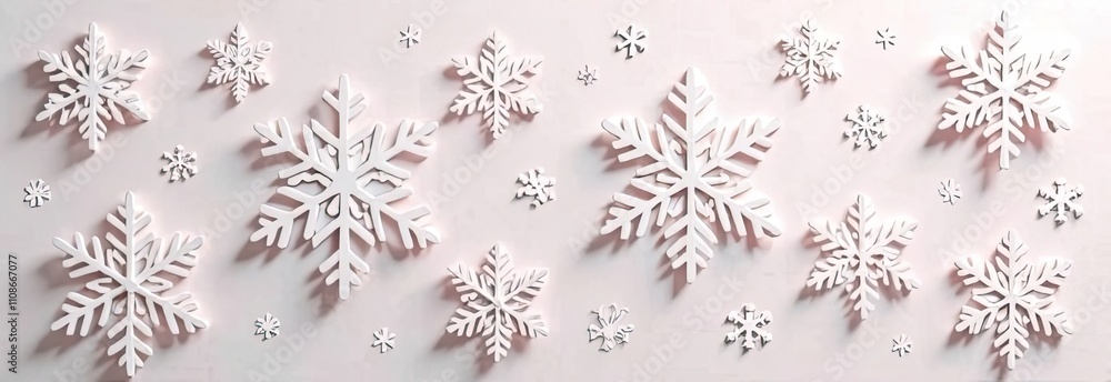 Poster white snowflakes are displayed in various sizes against a light backdrop, creating an elegant winter