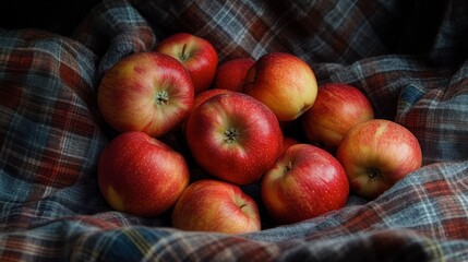 Fresh Red Apples Sitting on a Cozy Flannel Fabric Background