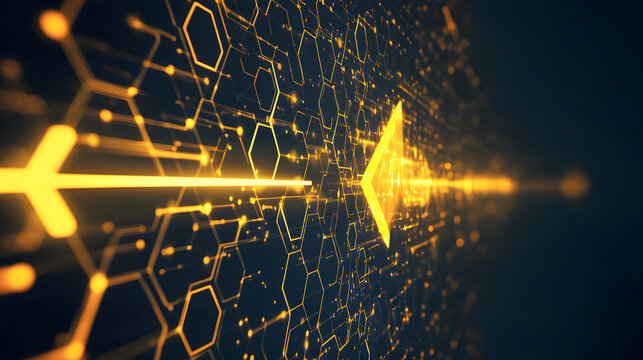 3D illustration of an arrow of light flying through the darkness, gold in color, with leading lines photography technique. with technology concepts