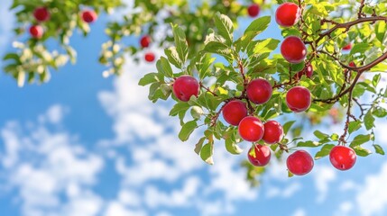 Obraz premium Bright Red Plums Hanging from Branches Under a Clear Blue Sky