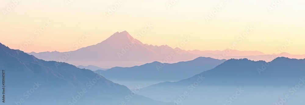 Poster Layers of mountains fade into pastel colors at dawn, creating a serene and peaceful atmosphere over the valley below. Generative AI